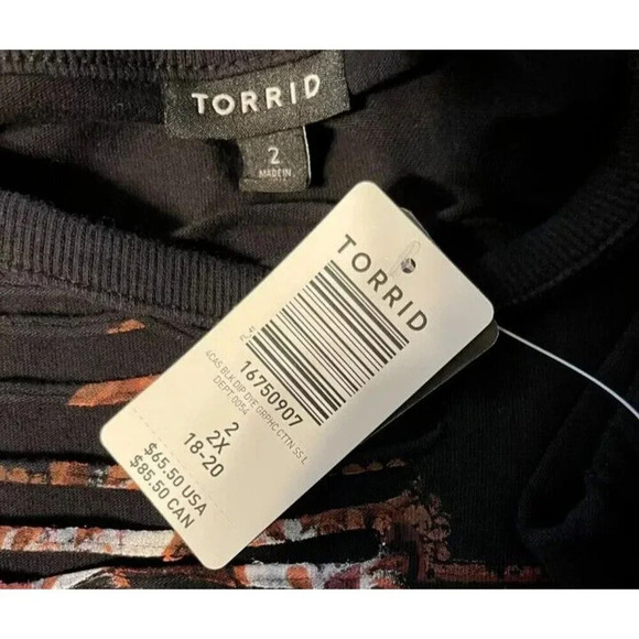 Torrid +2 Black Dip-Dye Slashed V-Neck Accent Print Short Sleeve T-Shirt Dress - Picture 6 of 6